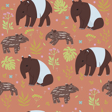 Seamless Pattern With Tapirs And Flowers. Vector Graphics.
