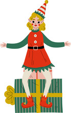 Christmas Elf With Pointy Ears And Hat As Santa Helper Sitting On Gift Box