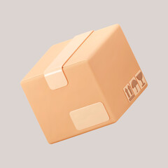 3D cardboard closed box icon with symbols isolated on gray background. Render delivery cargo box with fragile care sign symbol, handling with care, protection from water rain. 3d realistic vector