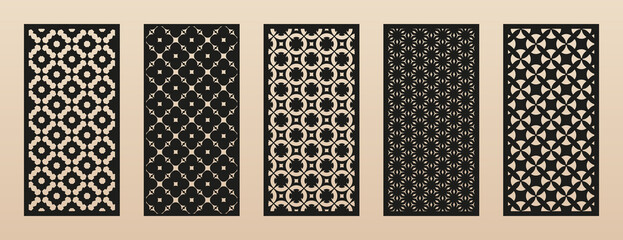 Poster - Laser cut pattern set. Vector collection with floral geometric ornament, abstract grid, mesh. Moroccan style design. Template for cnc cutting, decorative panels of wood, metal, paper. Aspect ratio 1:2