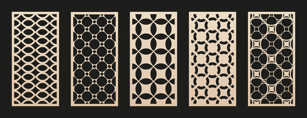 Laser cut pattern collection. Vector set of panels with geometric ornament, abstract circular grid. Traditional oriental style design. Template for cnc cutting of wood, metal, paper. Aspect ratio 1:2