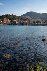 Wall Mural - Collioure view from the other side of the bay with Fort of Saint Elme on the top of the village