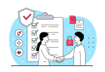 Wall Mural - Medical insurance concept. Man and girl shake hands, characters have entered into agreement. Health care, specialist agrees on treatment method, doctor and patient. Cartoon flat vector illustration