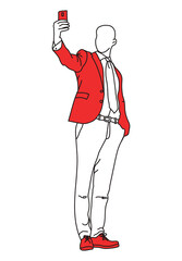 Man takes a selfie. Minimalism. Lin art and bright red color. Vector graphic.