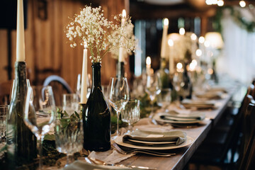 Beautiful wedding table decor in a rustic style. Decor ideas with candles and old bottles