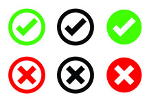 Green Tick And Red Cross Flat Design Illustration. Yes Or No Button. True Or False Button. Approved Or Rejected. A Bundle Of Tick And Cross Vector Designs For Web Design Assets