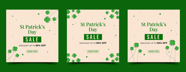 St. Patrick's day sale square banner design template. Editable modern banner with clover decoration. Usable for social media post, card, banner, and web.