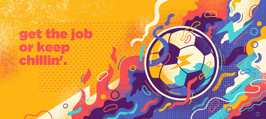 Colorful football ball banner design in abstract style with ball and various splashing shapes. Vector illustration.