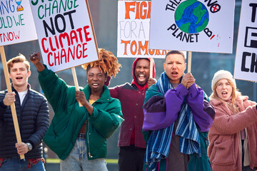 Wall Mural - Group Of Protestors With Placards On Demonstration March Against Climate Chane