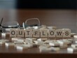 outflows word or concept represented by wooden letter tiles on a wooden table with glasses and a book