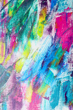 Strokes Of Colorful Acrylic Paints On Canvas, Closeup