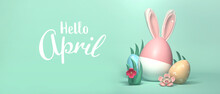 Hello April Message With Colorful Easter Eggs And Rabbit Ears