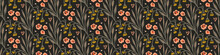Dark Boho Flowers Seamless Border Pattern In Trendy Ditsy Wildflower Style. Hand Drawn Organic Botanical Fashion Edging Trim. Modern Summer Garden Bloom In Vintage Cottage Core Ribbon Style
