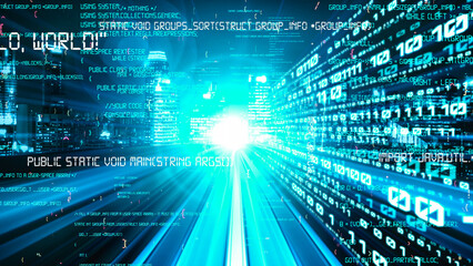 Software development, application programming code and tacit computer coding . Concept of smart digital transformation and technology disruption that changes global trends in new information era .