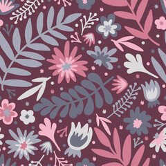  Flower. Scandinavian doodle seamless pattern with colorful flowers and leaves. Scandi. Isolated