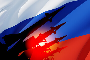 Wall Mural - Silhouette of missiles on a background of the flag of Russia and the sun. Nuclear weapon concept.