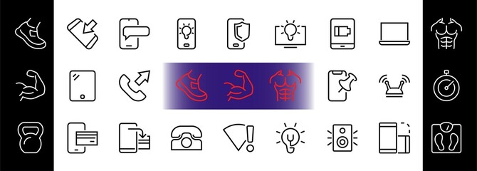 GADGET Set of vector icons of smart devices such as laptop, tablet, protection program, phone, digital network, thin line vector gadget icons, editable stroke