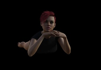 beautiful mature woman with short red hair and torn black shirt and in panties poses on a dark background, 3D illustration