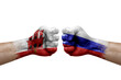 Two hands punch to each others on white background. Country flags painted fists, conflict crisis concept between gibraltar and russia