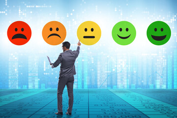 Illustration of customer feedback with faces and businessman