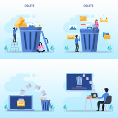 Delete concept. deleting data and move unnecessary files to the trash bin. illustration vector	