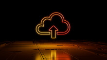 Orange And Yellow Data Storage Technology Concept With Cloud Upload Symbol As A Neon Light. Vibrant Colored Icon, On A Black Background With High Tech Floor. 3D Render