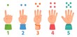 Cartoon kids hands count with fingers one, two, three, four and five. Counting gestures, children hand with sleeves. Numbers studying, learning basic math vector set