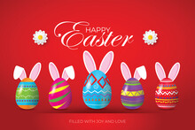 Happy Easter Greeting Card With Colorful Easter Egg And Holiday Wishes On Red Background. Vector Illustration.