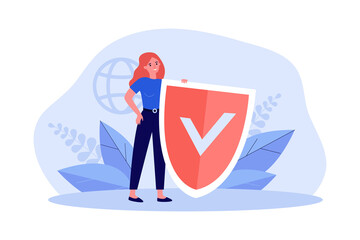 Wall Mural - Tiny woman holding online virus protection shield. Person protecting data from risk of cyber attack flat vector illustration. Antivirus, defense concept for banner, website design or landing web page