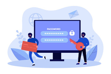 Wall Mural - Tiny male burglars and hackers stealing credit card information. Criminal persons hacking access flat vector illustration. Cyberterrorism, fraud concept for banner, website design or landing web page