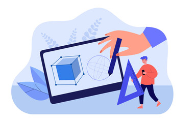 Designers hand drawing 3d figures with stylus and tablet. Tiny man helping with ruler flat vector illustration. Digital design, creative project concept for banner, website design or landing web page