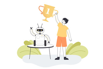 Wall Mural - happy young winner of school robotics competition. kid holding award, robot or electronic toy on tab