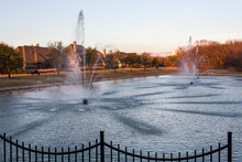 Fountains In The Public Park In Residential Area
