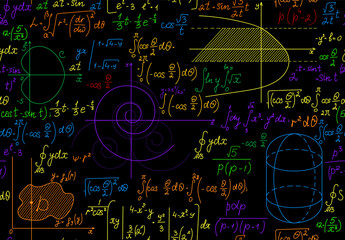 Math scientific vector seamless background with multicolored equations, calculations and formulas	
