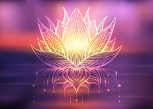 Vector Boho Lotus With Ornate Decorations On Blur Ocean Sunset Background. Water Flower With Tribal Ornament On Sunrise. Contour Lily In Tranquility. Natural Sacred Symbol.
