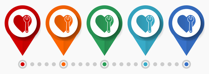 Fototapete - Heart service concept vector icon set, flat design love pointers, infographic template easy to edit