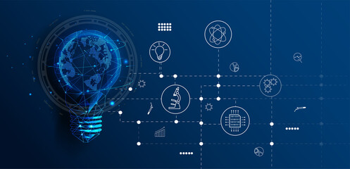 Abstract low-poly light bulb with a planet inside. The Internet Technology triangle icon is a concept of a polygonal network. An idea, electricity, innovation, or other conceptual illustration.
