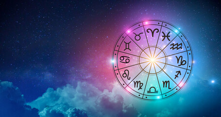 Zodiac signs inside of horoscope circle. Astrology in the sky with many stars and moons  astrology and horoscopes concept