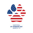National K9 Veterans Day vector. Dog paw print with american flag vector. Military working dog design element isolated on a white background. K9 Veterans Day Poster, March 13. Important day