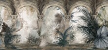 Drawn Tropical, Exotic Plants And Leaves Among The Columns. Floral Background For Mural, Wallpaper, Photo Wallpaper, Postcard, Card. Loft, Modern, Classic Design.