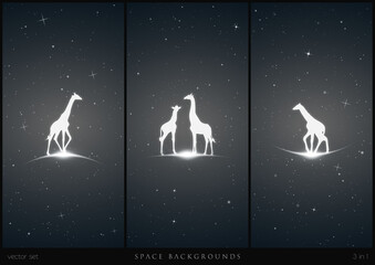 Sticker - Giraffe in space. Set of endangered animal family and glowing outline