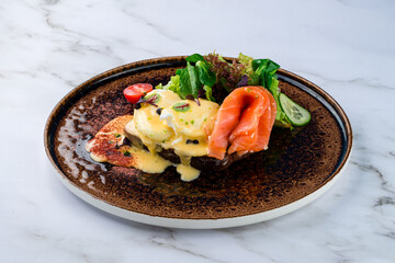 Canvas Print - Toast with salmon, poached egg and avocado Poached egg with salmon