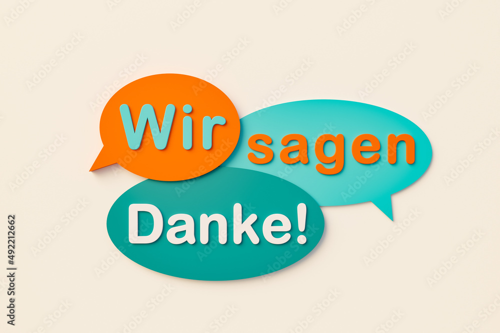 Wir sagen danke. Farbige Sprechblasen mit Text. Höflichkeits- und