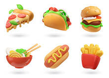 Fast Food 3d Realistic Render Vector Icon Set. Pizza, Taco, Hamburger, Ramen Noodle Soup, Hot Dog, Fries Potatoes