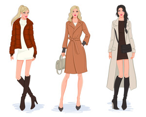 Sticker - Female clothes collection. Fashion models in stylish coats and jackets. Vector illustration of beautiful young women, isolated on white background.
