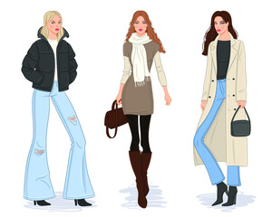 Wall Mural - Female clothes collection. Fashion models in stylish coats and jackets. Vector illustration of beautiful young women, isolated on white background.