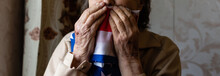 Very Old Woman With Flag Of United States Of America.