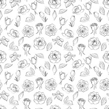 A Set Of Seamless Backgrounds With Leaves, Flowers And Flower Bud. Line Drawing. Lines Have Different Widths. Black White. Roses, Vector Grafic, 1000x1000