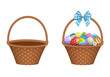 Isolated empty wicker basket and basket with colorful easter eggs