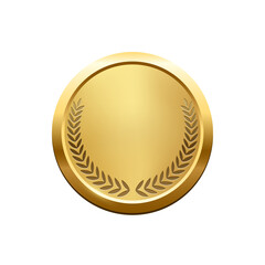 Gold medal with laurel wreath vector illustration. 3d realistic trophy badge of circle design, greeting anniversary or jubilee medallion, achievement champion isolated on white background.